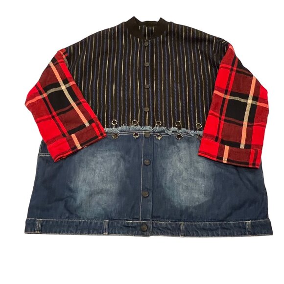 Women’s Oversized Mixed Plaid Denim Jacket, Pockets, OS - Picture 4 of 11